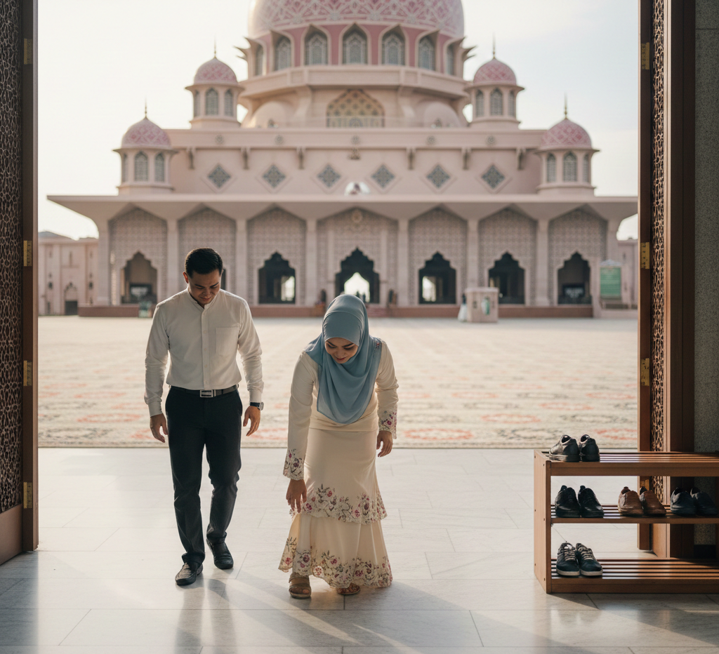 muslim couple in modest attire entering a mosque in malaysia while removing shoes