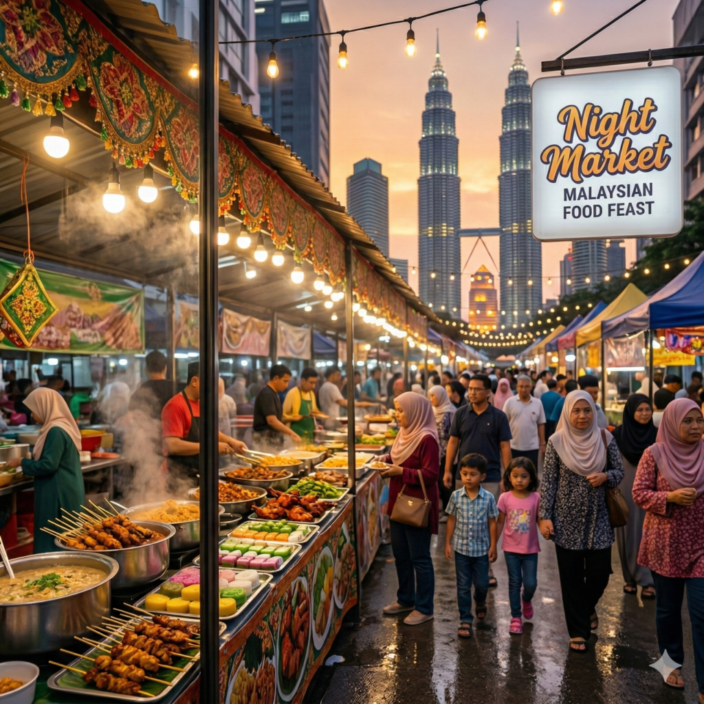 a busy ramadan bazaar in malaysia featuring traditional malay street food like satay and ayam percik